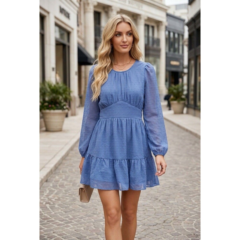 Forever 21 Navy Blue Clip Dot Mini Dress Long Sleeve Sheer Lined Size M